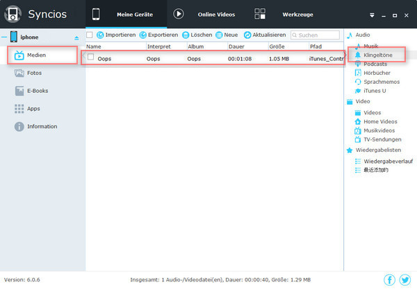 interface of Syncios