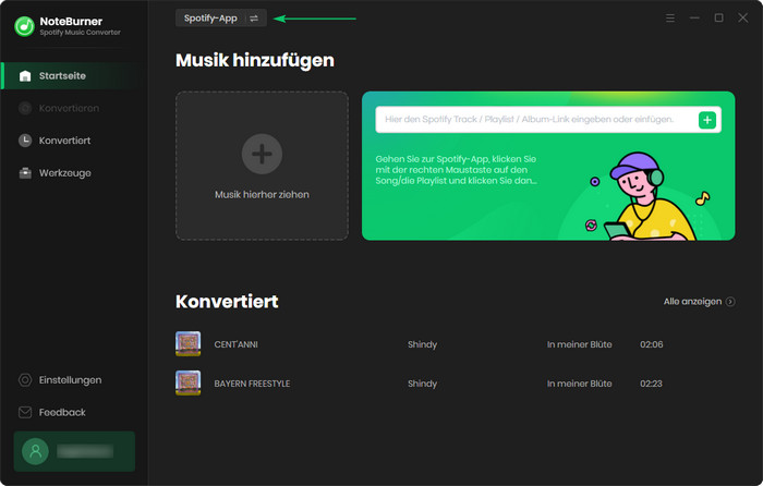 Hauptschnittstelle von NoteBurner Spotify Music Converter for Windows