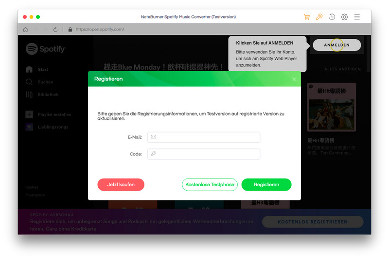 NoteBurner Spotify Music Converter Mac registrieren